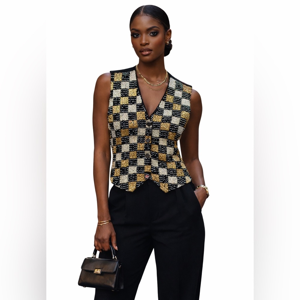 Vintage Effeci Black Gold Sequin Beaded Checkered Vest‎ Retro Glam Party Y2K S